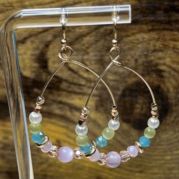 Multicolor Beaded Rose Gold Dangling Earrings - Picture 5 of 6